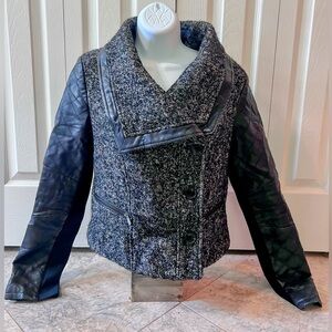 BCBGMAXAZRIA Tweed Jacket with Leather Sleeves - Size Medium